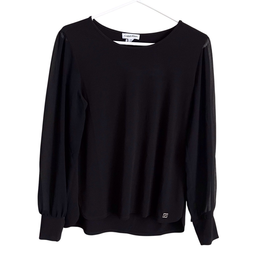 Calvin Klein Black Blouse Sheer Long Sleeve Office Neutral Minimal Career Small